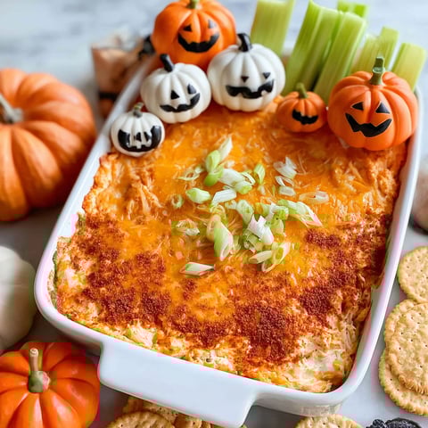 A white bowl filled with a cheesy dip and pumpkin seeds.