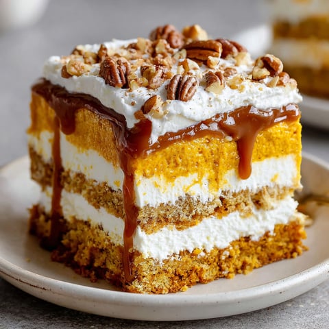A slice of pumpkin cake with caramel drizzle.
