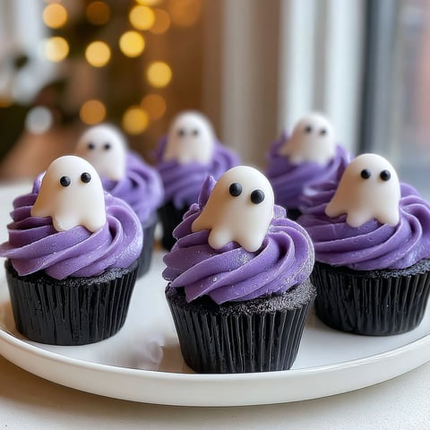 A plate of cupcakes with purple frosting and white ghost decorations.