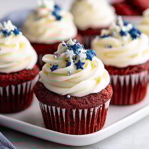 A plate of red velvet cupcakes with white frosting.