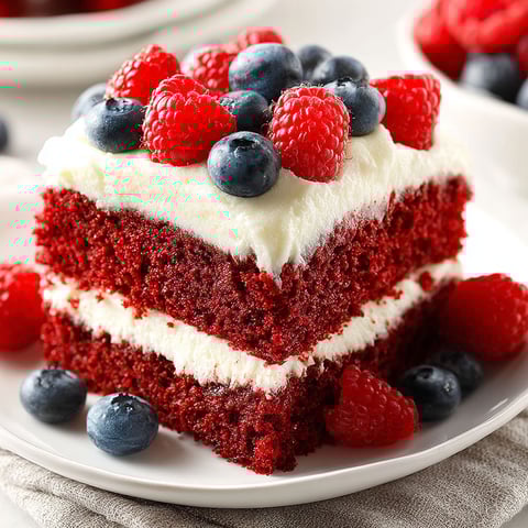 A slice of red velvet cake with white frosting and blueberries.
