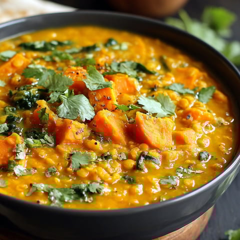 A bowl of sweet potato lentil curry.