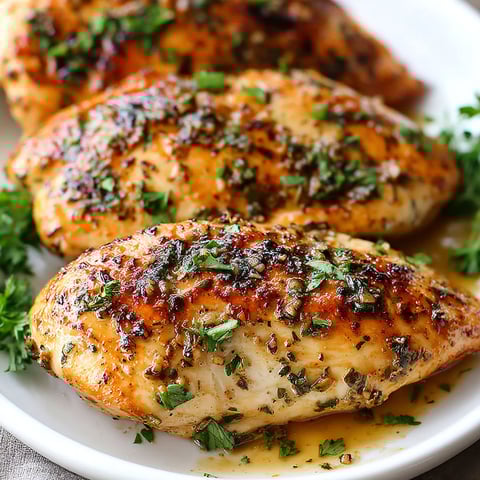 Baked garlic chicken breasts on a white plate.