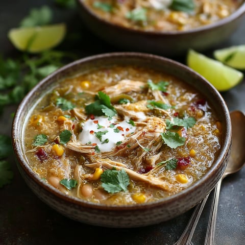 A bowl of soup with chicken and quinoa.