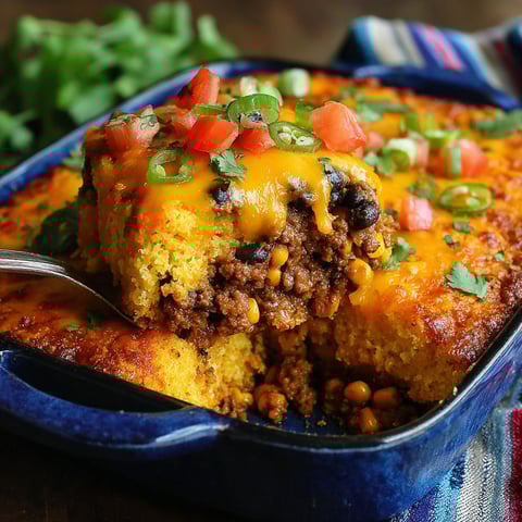 A close up of a delicious Mexican cornbread casserole.