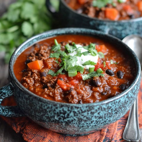 A bowl of chili with a spoon in it.