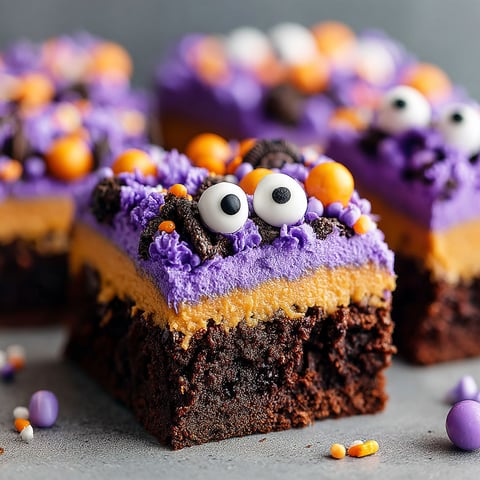 A close up of a chocolate brownie with a purple and orange frosting.