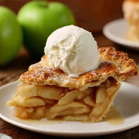 A slice of apple pie with a scoop of ice cream on top.