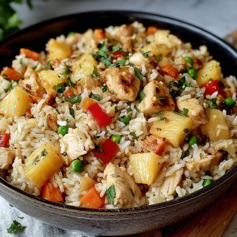 A delicious meal of chicken, rice, and pineapple.