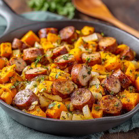 A skillet filled with chicken and sausage.