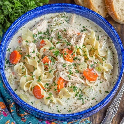 A bowl of chicken noodle soup with carrots and herbs.