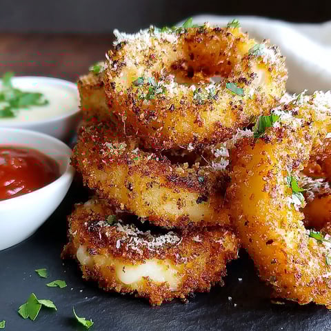 Mozzarella stuffed onion rings on a plate.