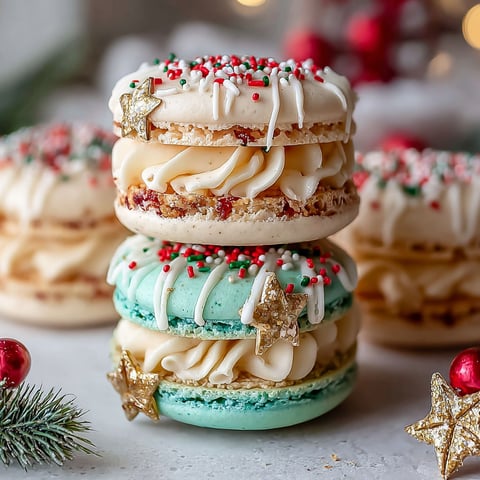 Macarons stacked on top of each other with a Christmas tree in the background.