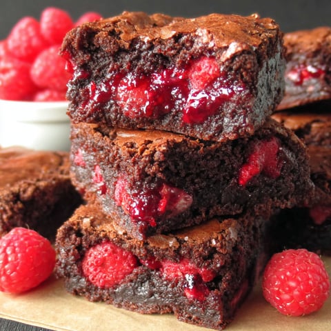 A stack of brownies with raspberries on top.