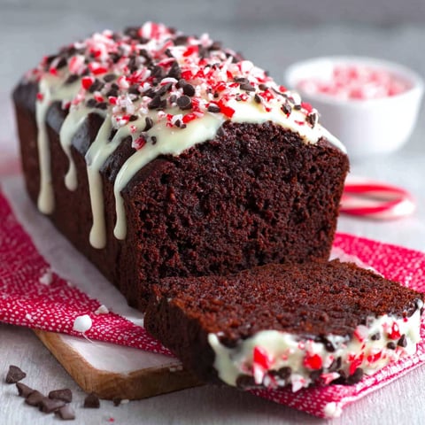 A slice of chocolate peppermint bread.