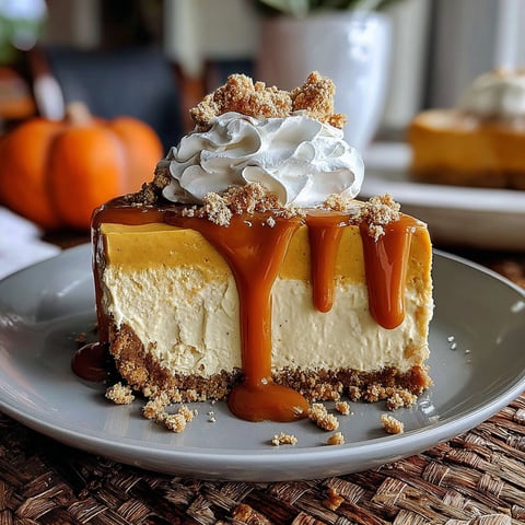 A slice of decadent no-bake pumpkin cheesecake with caramel drizzle.
