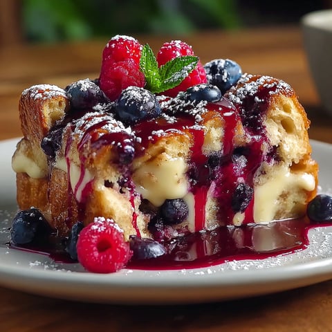 A slice of bread pudding with blueberries and raspberries on top.