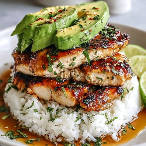 A plate of rice and chicken with avocado on top.