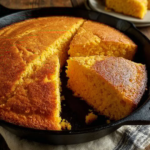 A pan of cornbread with a slice missing.