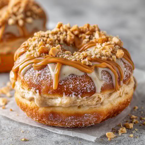 A peanut butter cheesecake donut with a drizzle of caramel.