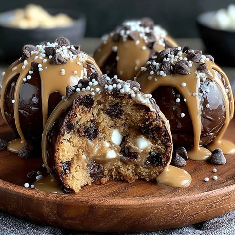 Chocolate chip cookie brownie bombs with white chocolate drizzle.