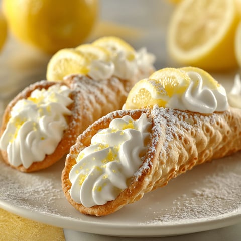 A plate with two cannoli filled with lemon meringue.