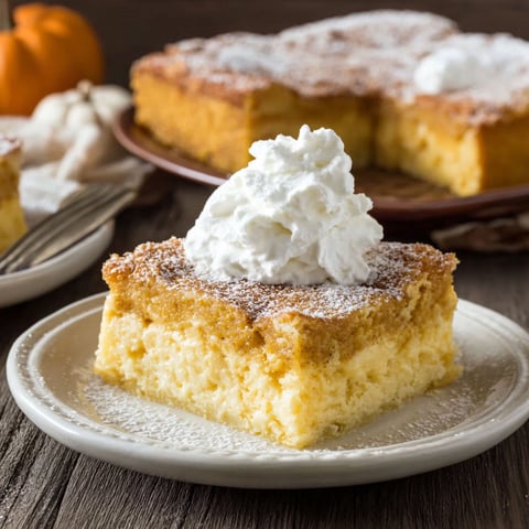 A slice of pumpkin gooey butter cake with whipped cream on top.