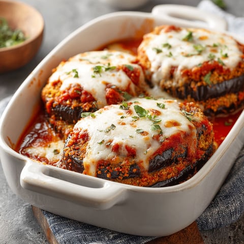 A white bowl filled with eggplant parmesan.