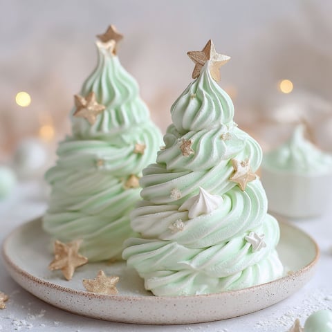 Two green star-shaped meringues on a plate.