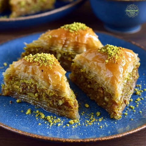 A blue plate with two pieces of homemade pistachio baklava.