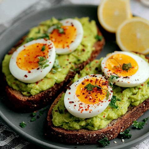 A plate of toast with eggs and avocado.