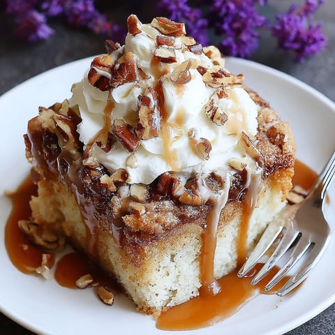 A slice of caramel bourbon cake with a fork.