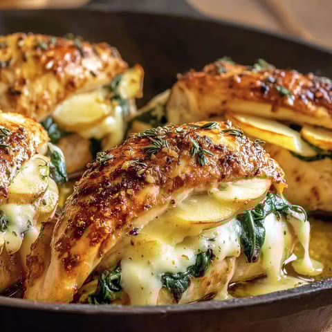 A pan of chicken with cheese and herbs.
