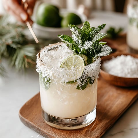 A glass of a Christmas Mojito is garnished with lime and mint.